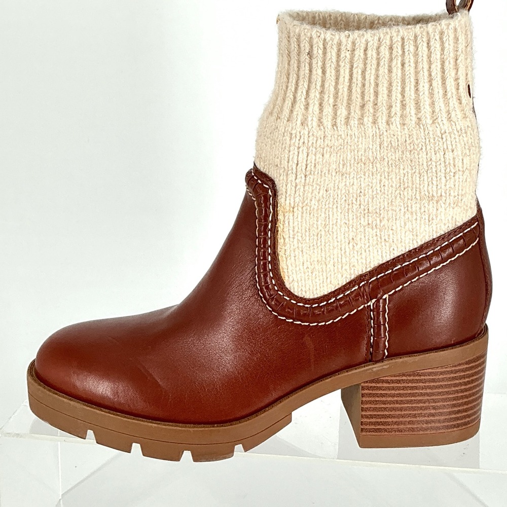 Nine West Size 7.5  Brown Leather Knit Lug Sole Ankle Boots Popit Stacked Heel - Picture 12 of 16